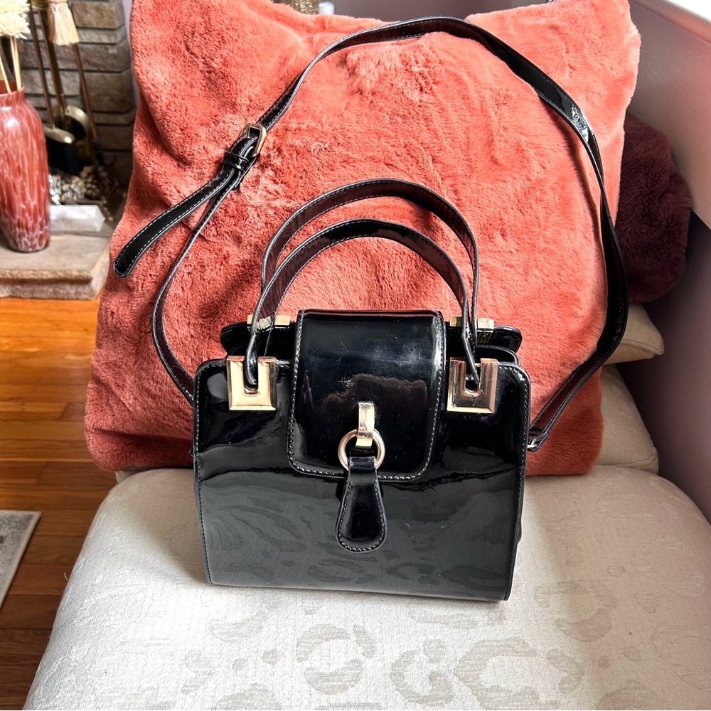 Faux Black Patent Leather Satchel with Gold Hardware, Handles and Crossbody